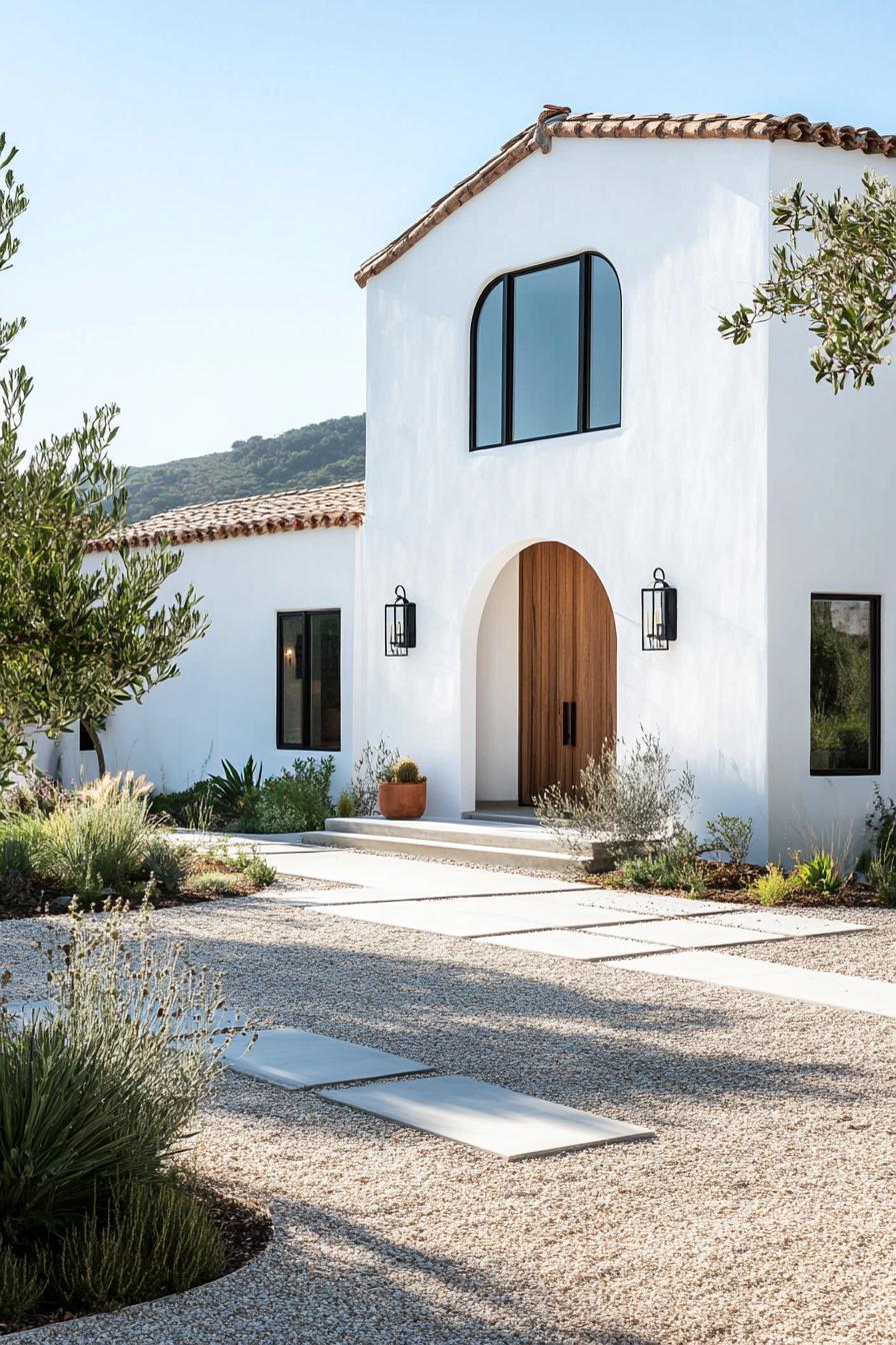 modern spanish house in white stucco modern arched windows in black trim large handcrafted wooden front door modern lamp fixtures gravel yard with 2