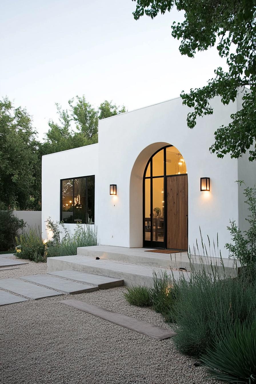 modern spanish house in white stucco modern arched windows in black trim large handcrafted wooden front door modern lamp fixtures gravel yard with