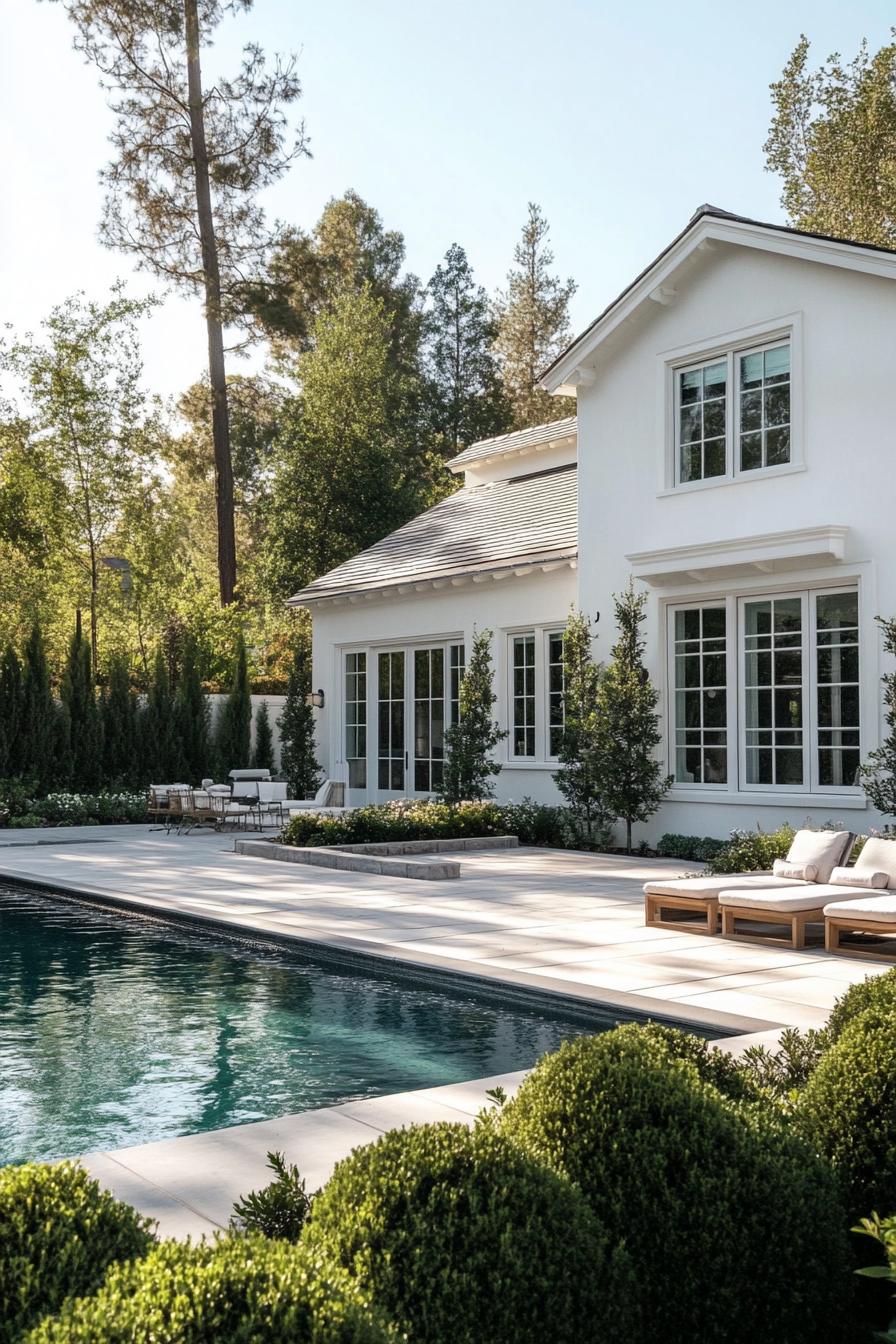 modern white european cottage with large white trim windows paved backyard with a pool geometric shrubs and tall trees 1