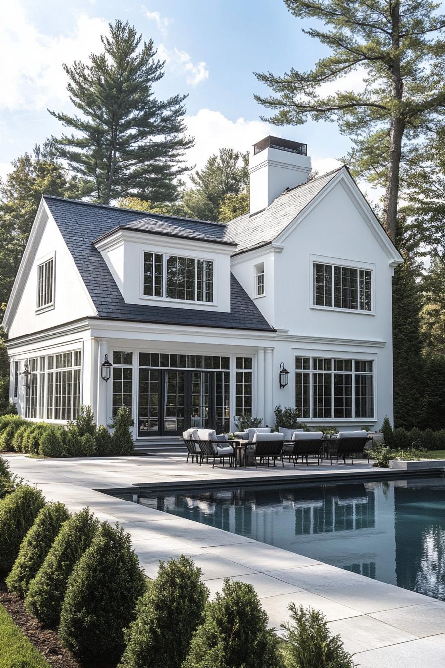 modern white european cottage with large white trim windows paved backyard with a pool geometric shrubs and tall trees 2