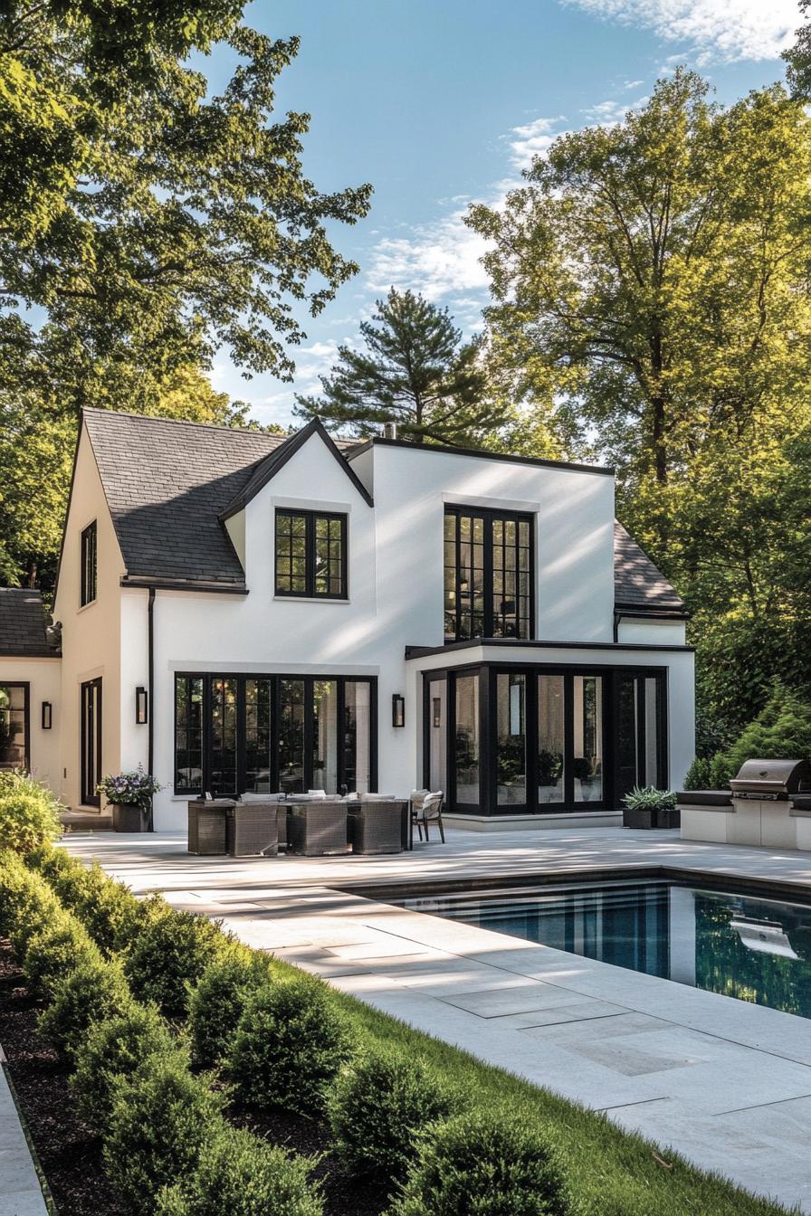 modern white european cottage with large white trim windows paved backyard with a pool geometric shrubs and tall trees 3