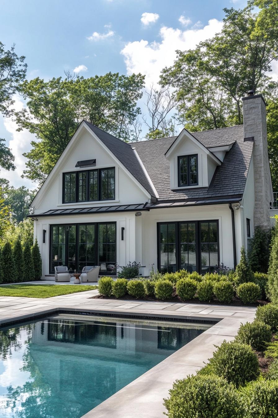 modern white european cottage with large white trim windows paved backyard with a pool geometric shrubs and tall trees