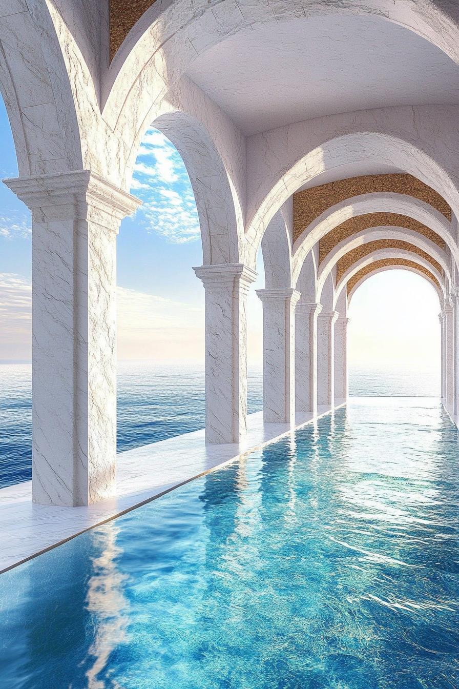 oceanside pool with tall white marble arches stunning sea view dreamscape 1