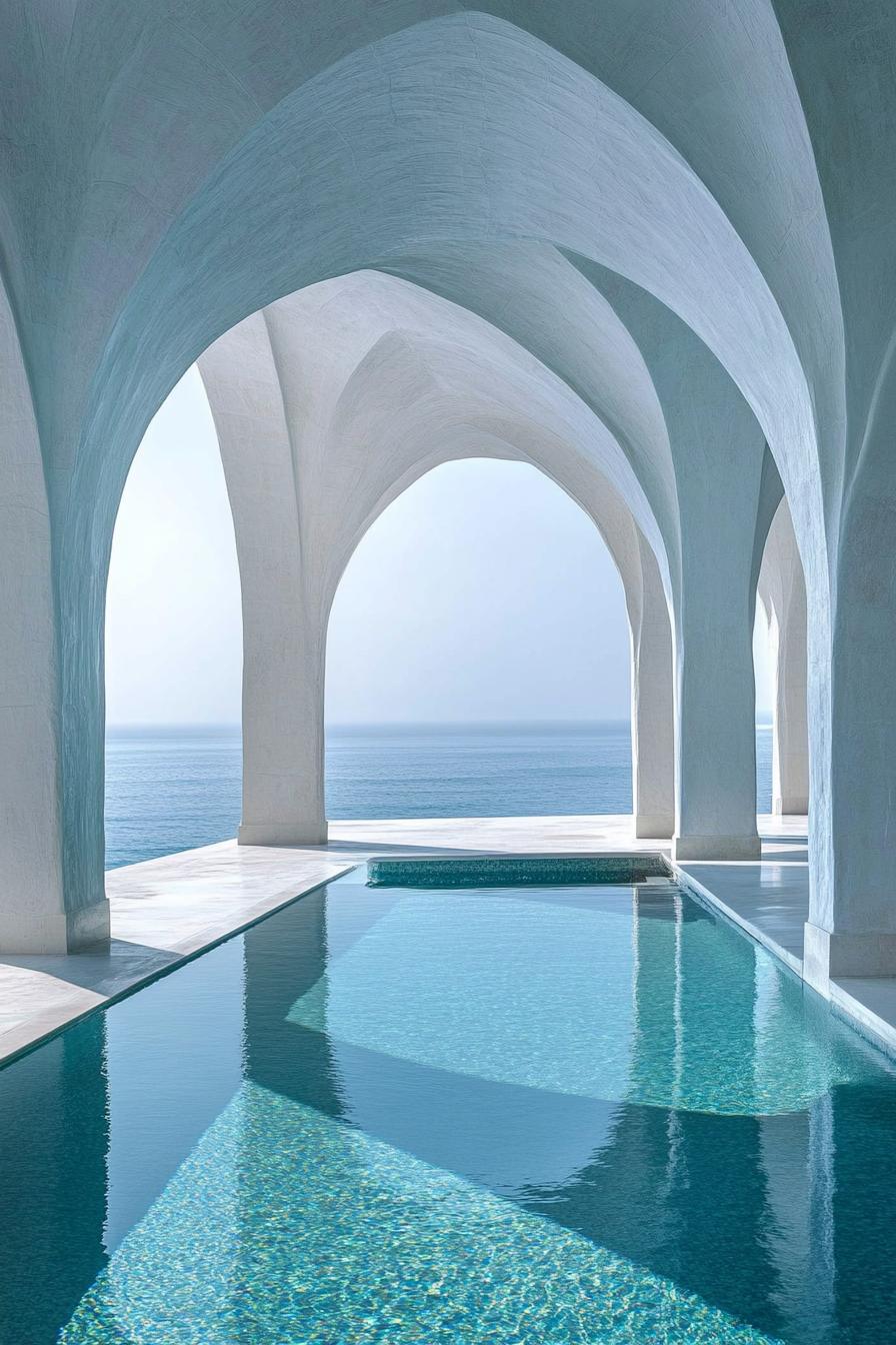 oceanside pool with tall white marble arches stunning sea view dreamscape