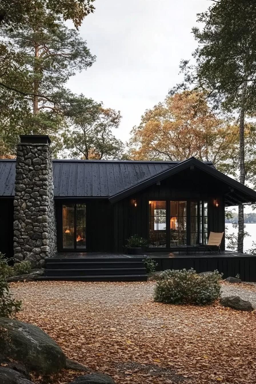 A dark cabin in an autumn setting with a stone chimney