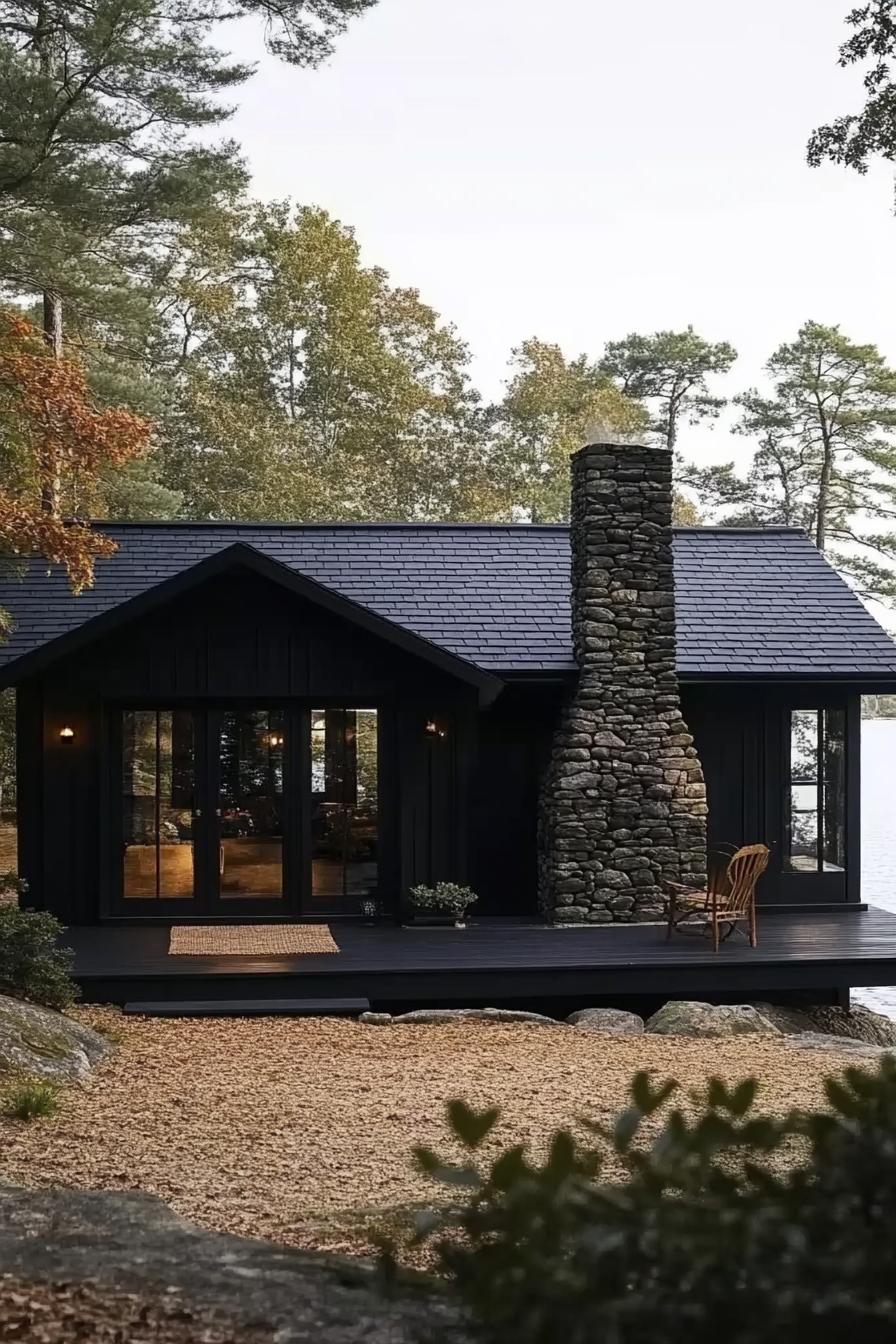 A cozy cabin with a charming stone chimney in the woods