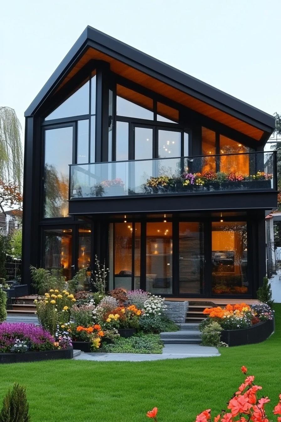 tiny full glass modern luxury house 2 stories balcony black metal frame slanted roof front garden with flowers v 6.1