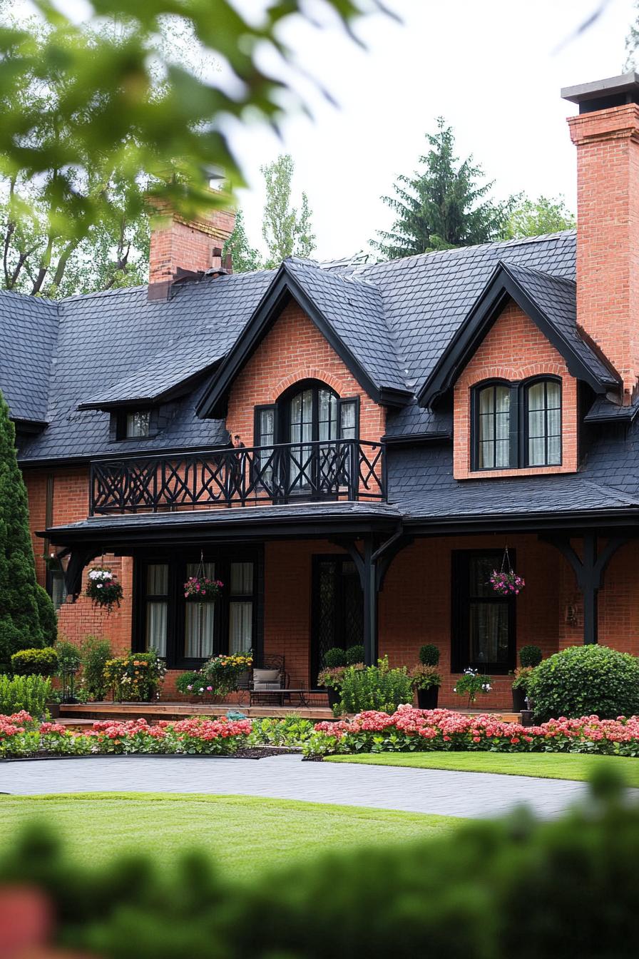 village house with brick and stucco mixed facade large porch and balcony gabled multi pitch black shingle roof modern windows large paved front 1