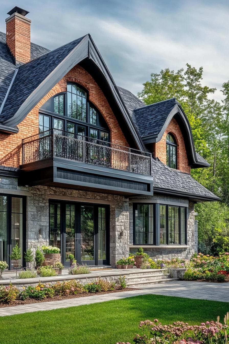 village house with brick and stucco mixed facade large porch and balcony gabled multi pitch black shingle roof modern windows large paved front 2