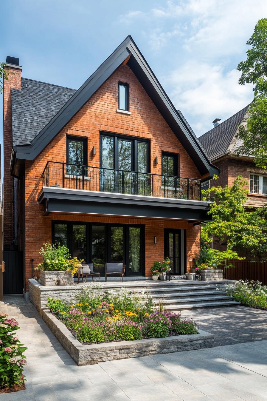 village house with brick and stucco mixed facade large porch and balcony gabled multi pitch black shingle roof modern windows large paved front