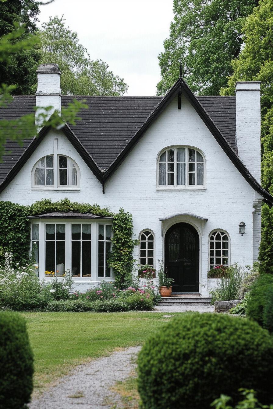 white cottage house with multi pitched roof modern and bay windows front yard with shrubs