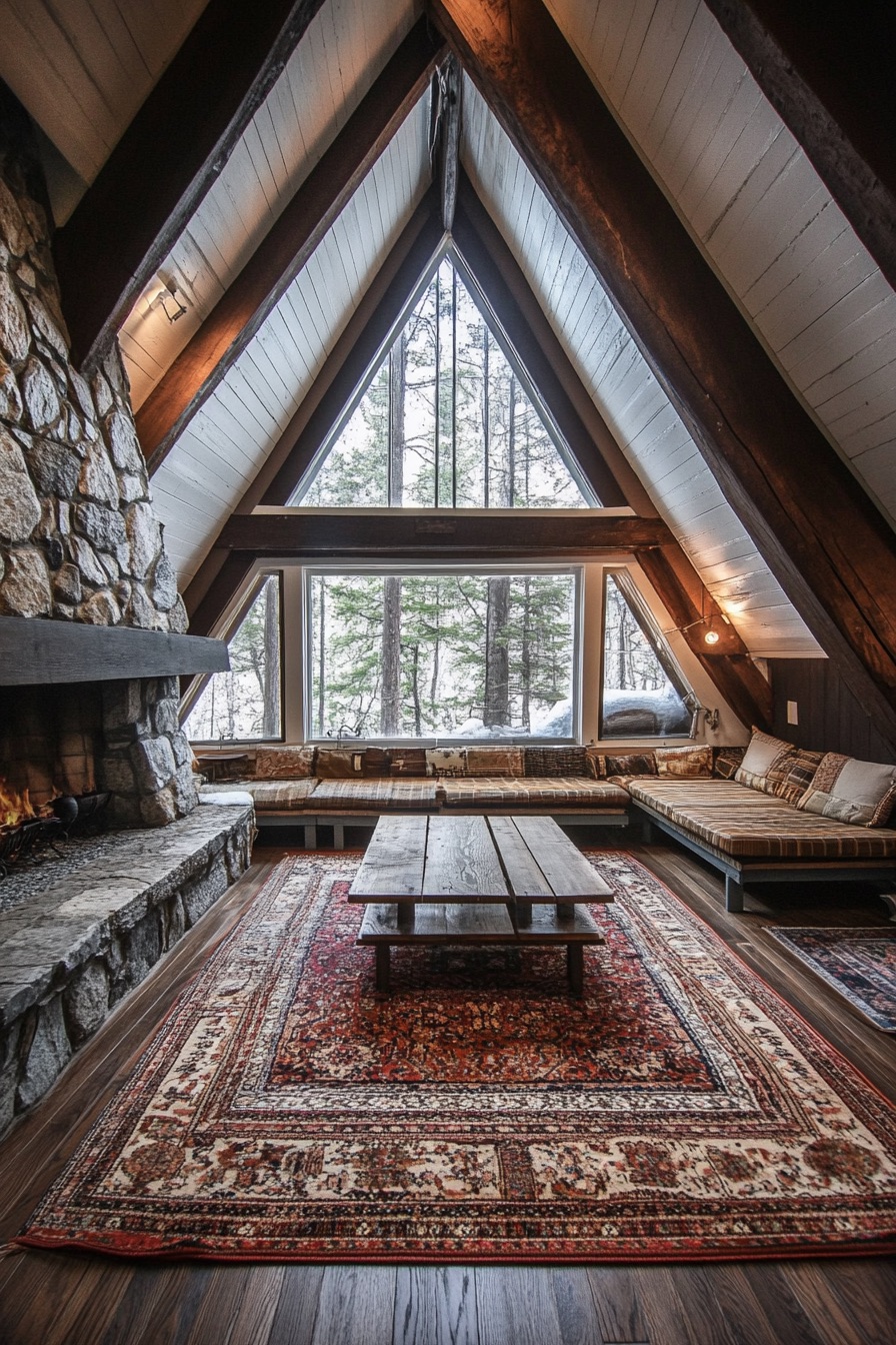 a-frame interior with stone fireplace