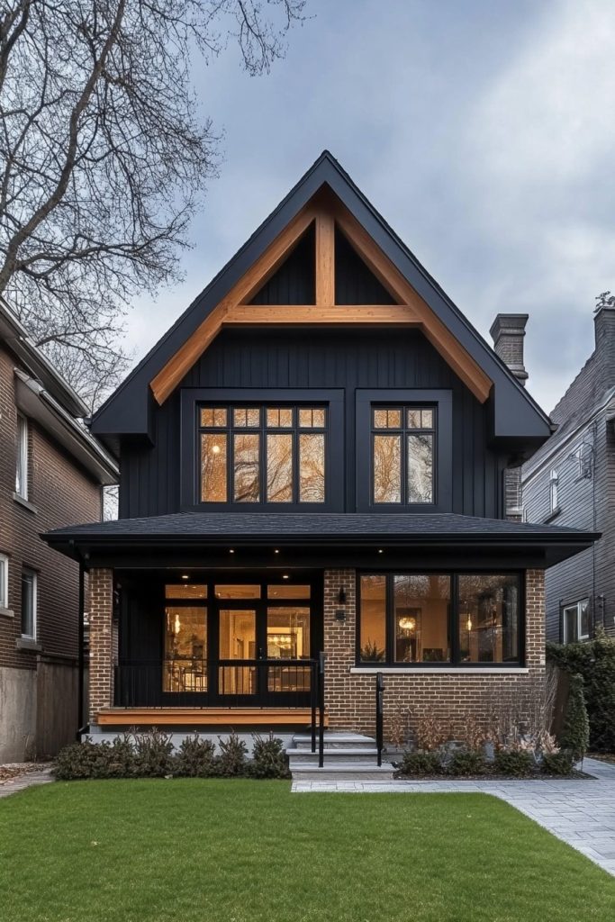 black cottage with brick walls