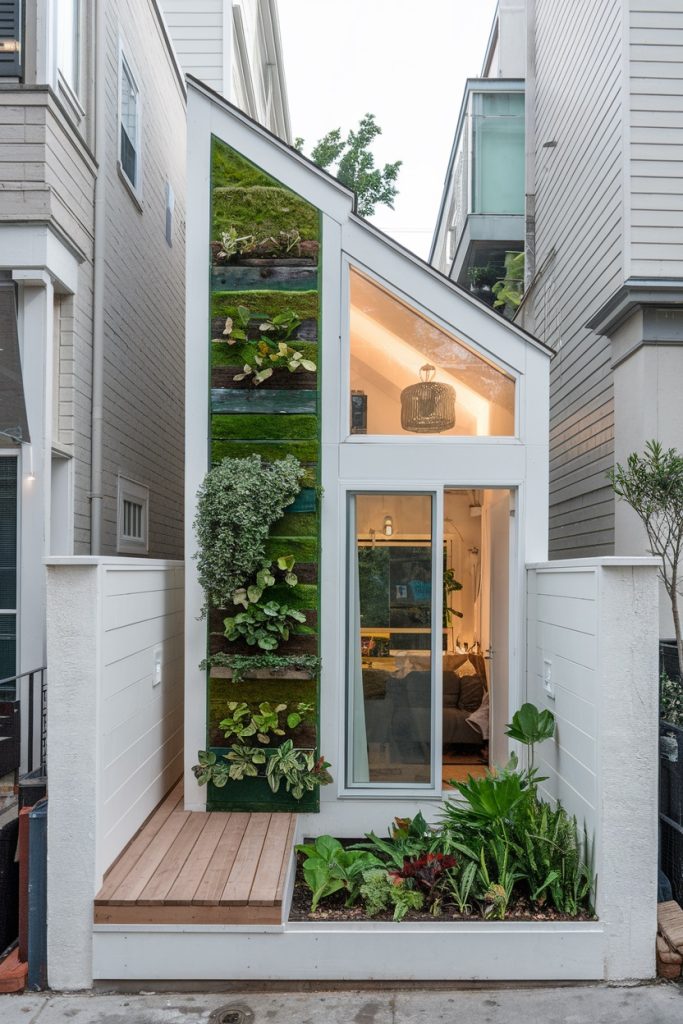 tiny house with garden between townhouses