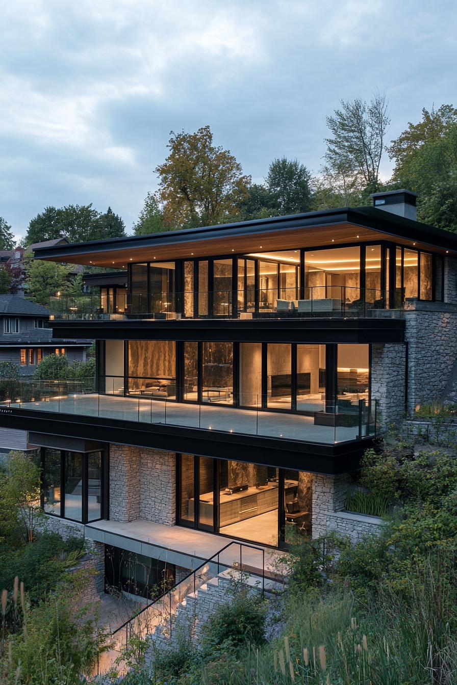 Glass-walled, multi-story house on a steep slope