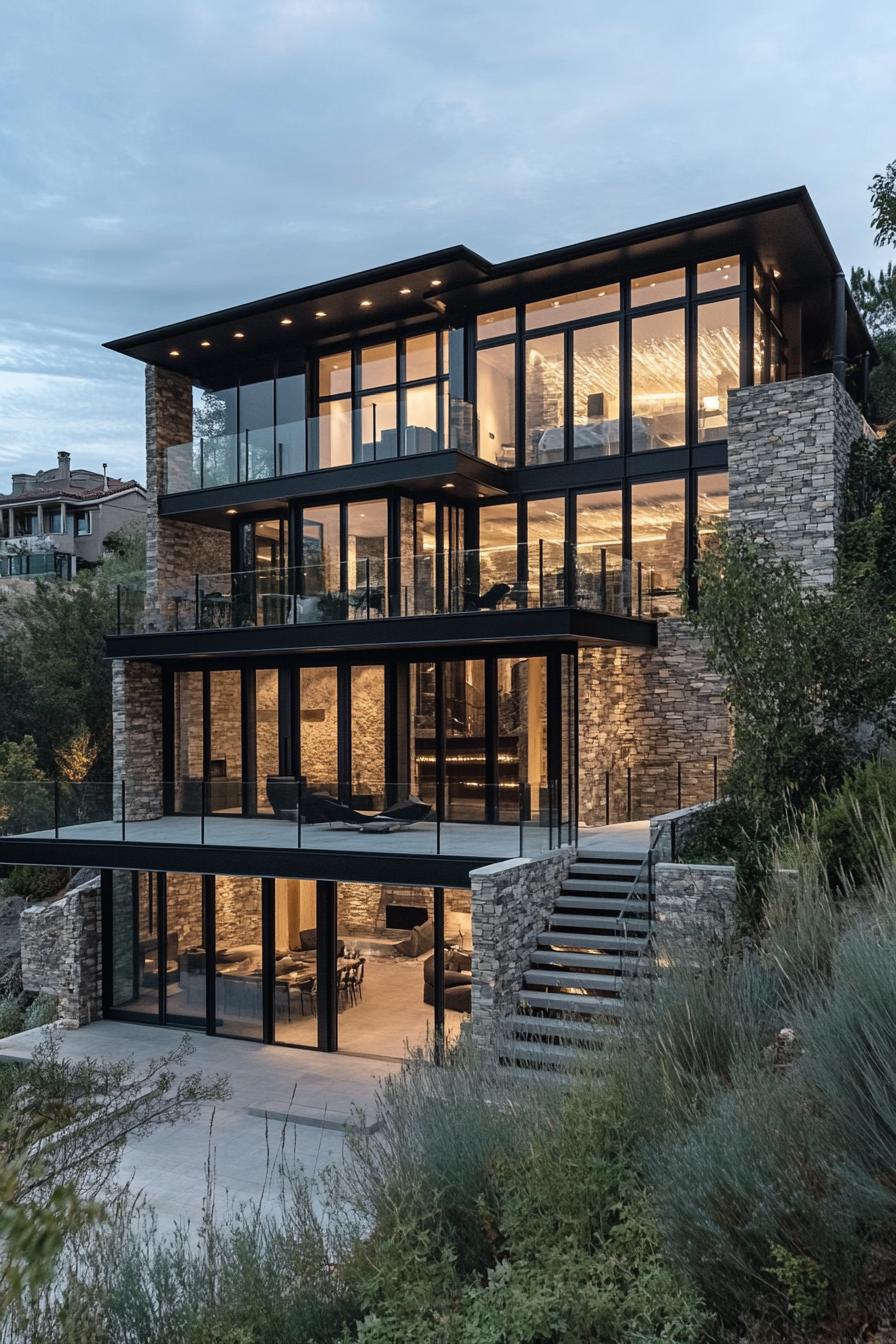 A sleek, three-story house perched on a hillside