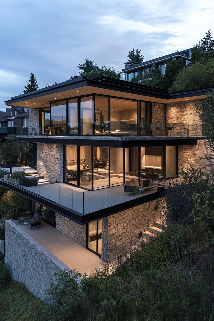 Sleek modern house with large glass windows and stone walls on a hillside