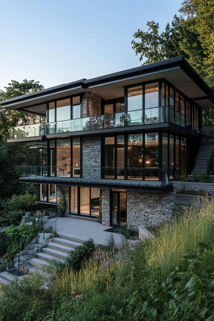 Contemporary house on a hillside with glass and stone elements