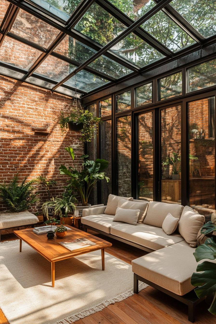 A bright living room with glass ceiling and lush plants