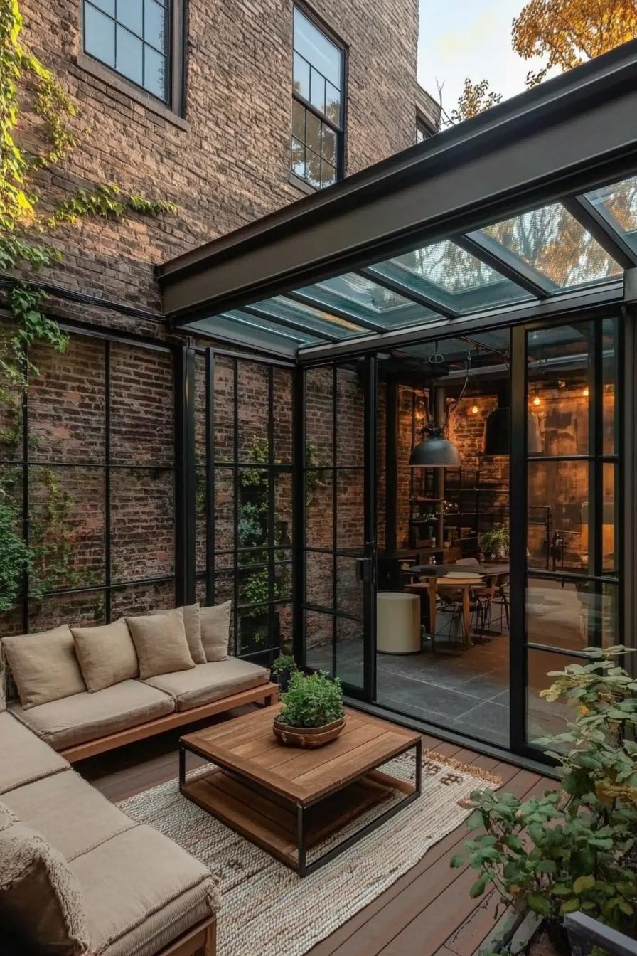 Stylish outdoor living area with glass roof and comfy seating