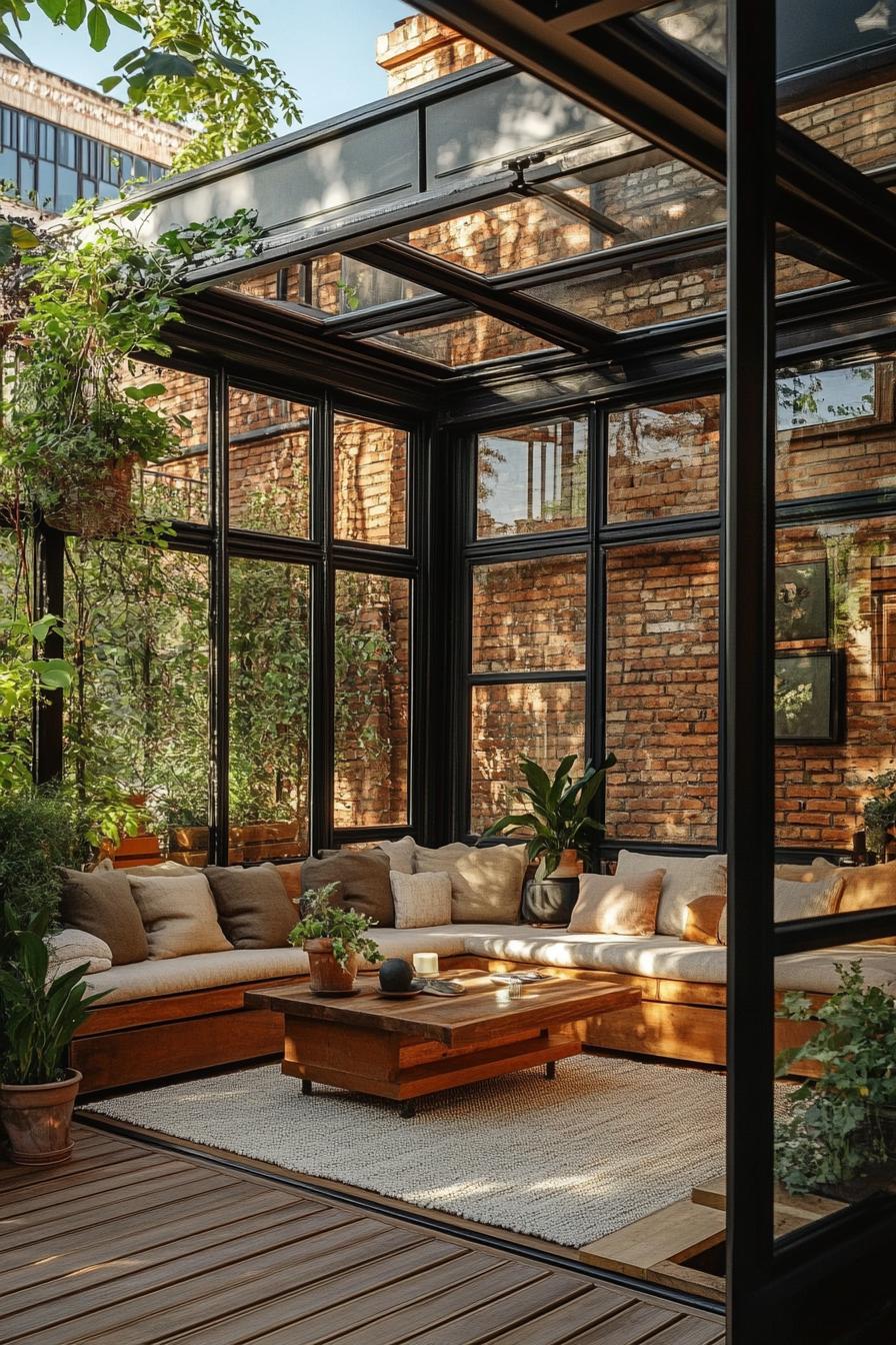 Cozy outdoor lounge with glass walls and lush plants