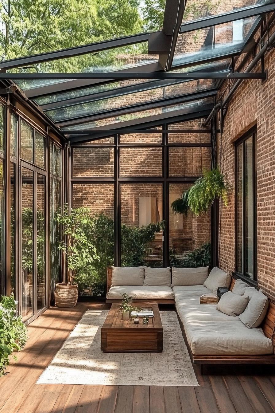 Comfortable outdoor living area with glass ceiling and brick walls