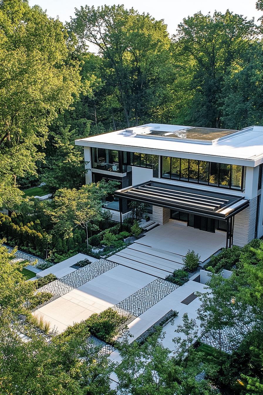 Modern flat roof house surrounded by lush greenery