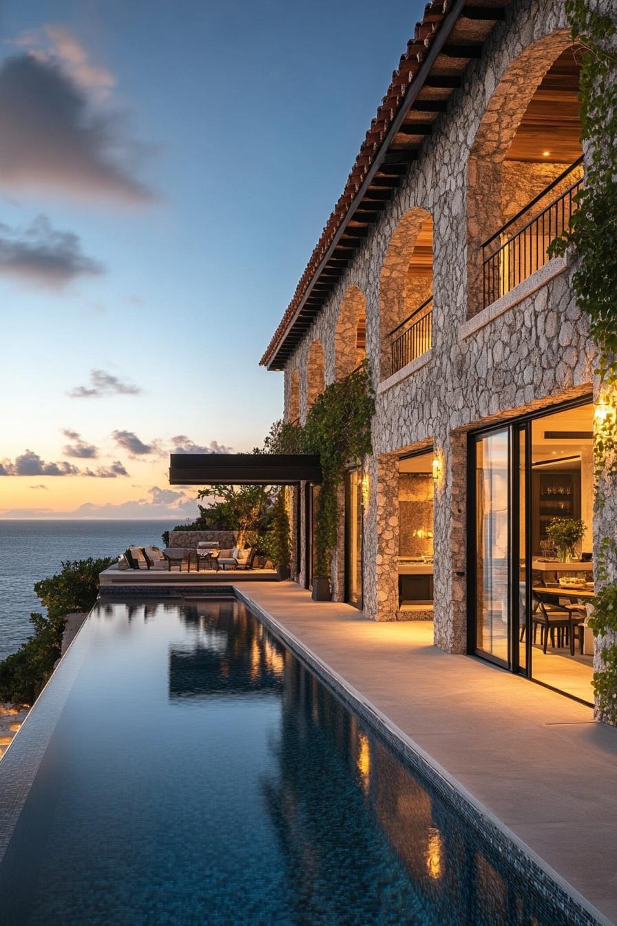 Stone villa by the sea with a long pool