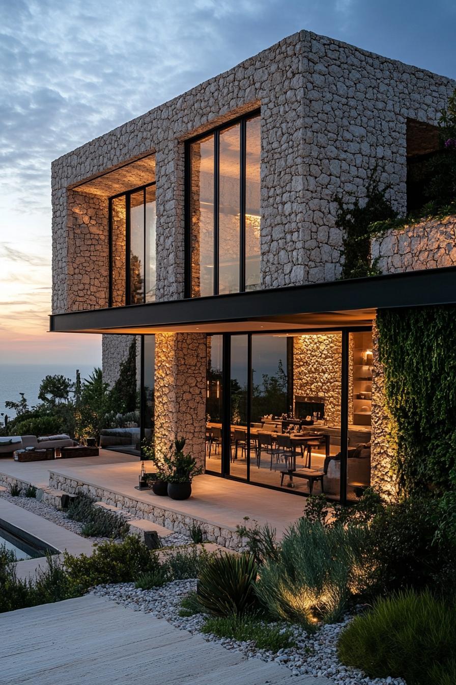 Modern stone villa with large windows