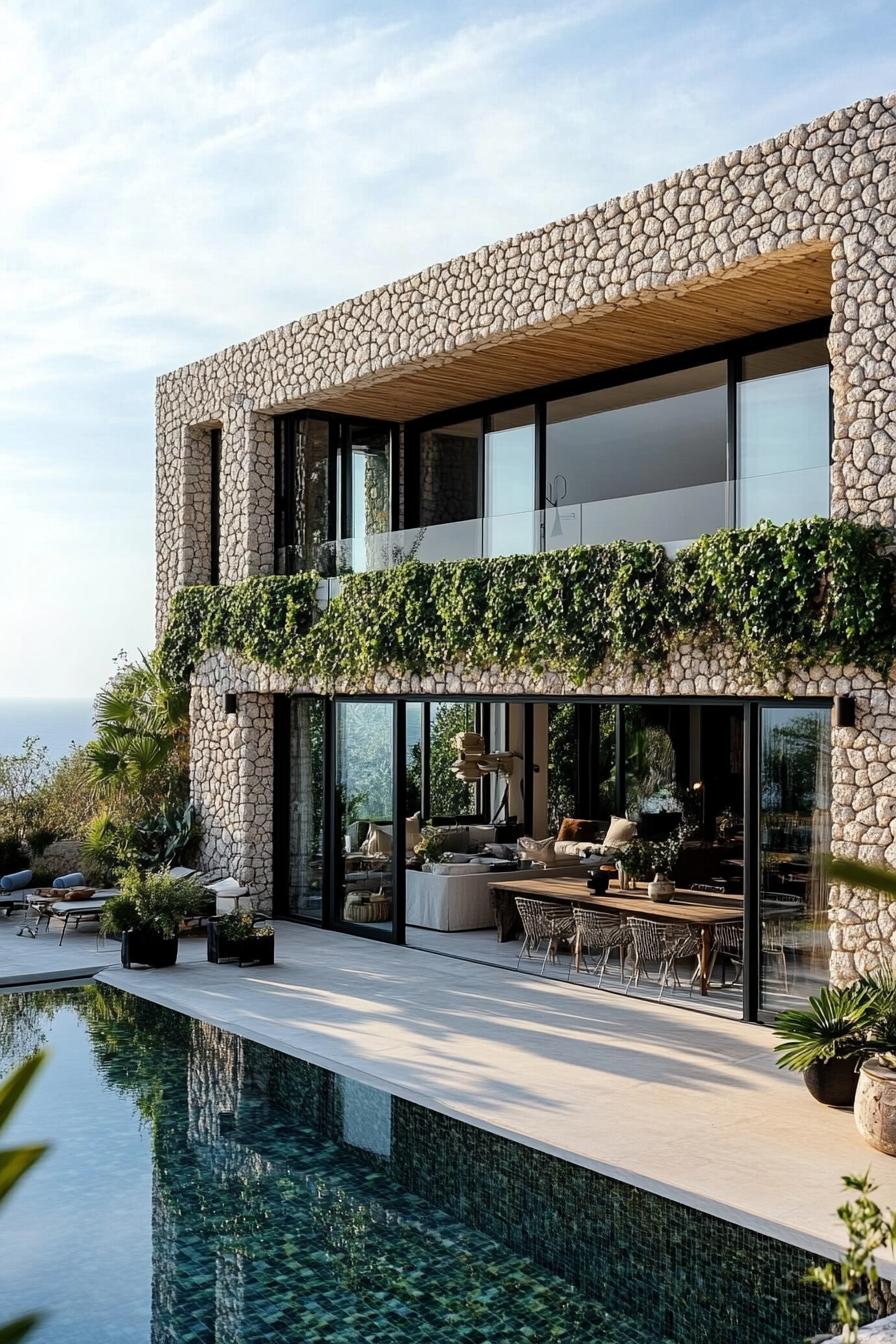 Contemporary villa with ivy-covered stone walls and pool