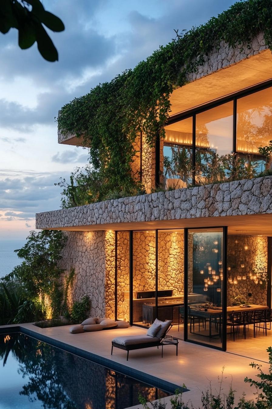 Luxurious villa with stone walls and lush greenery