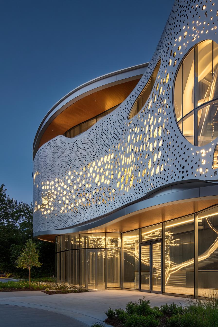 Modern building with perforated metal façade illuminated at night