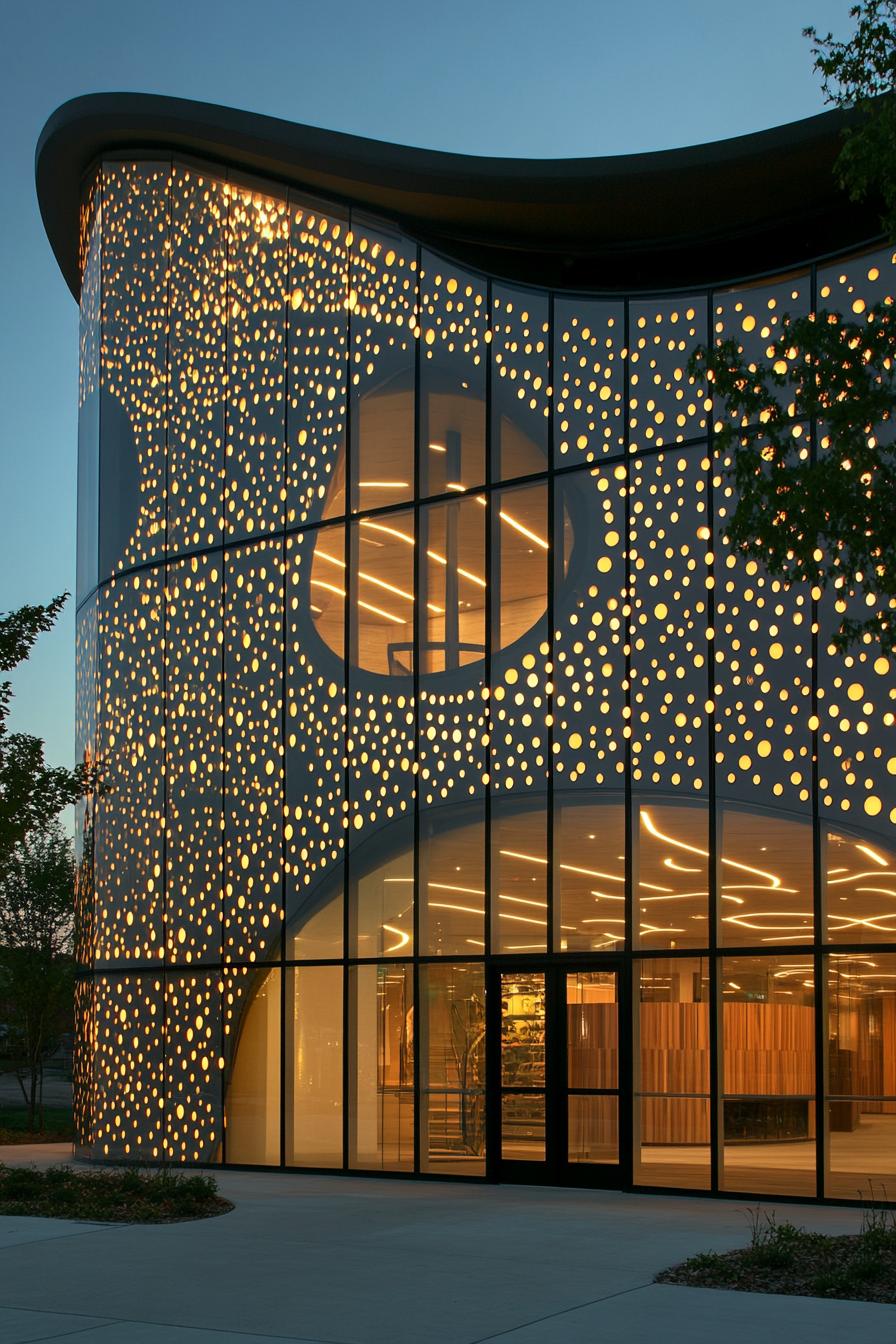 Curved glass building with illuminated dot patterns