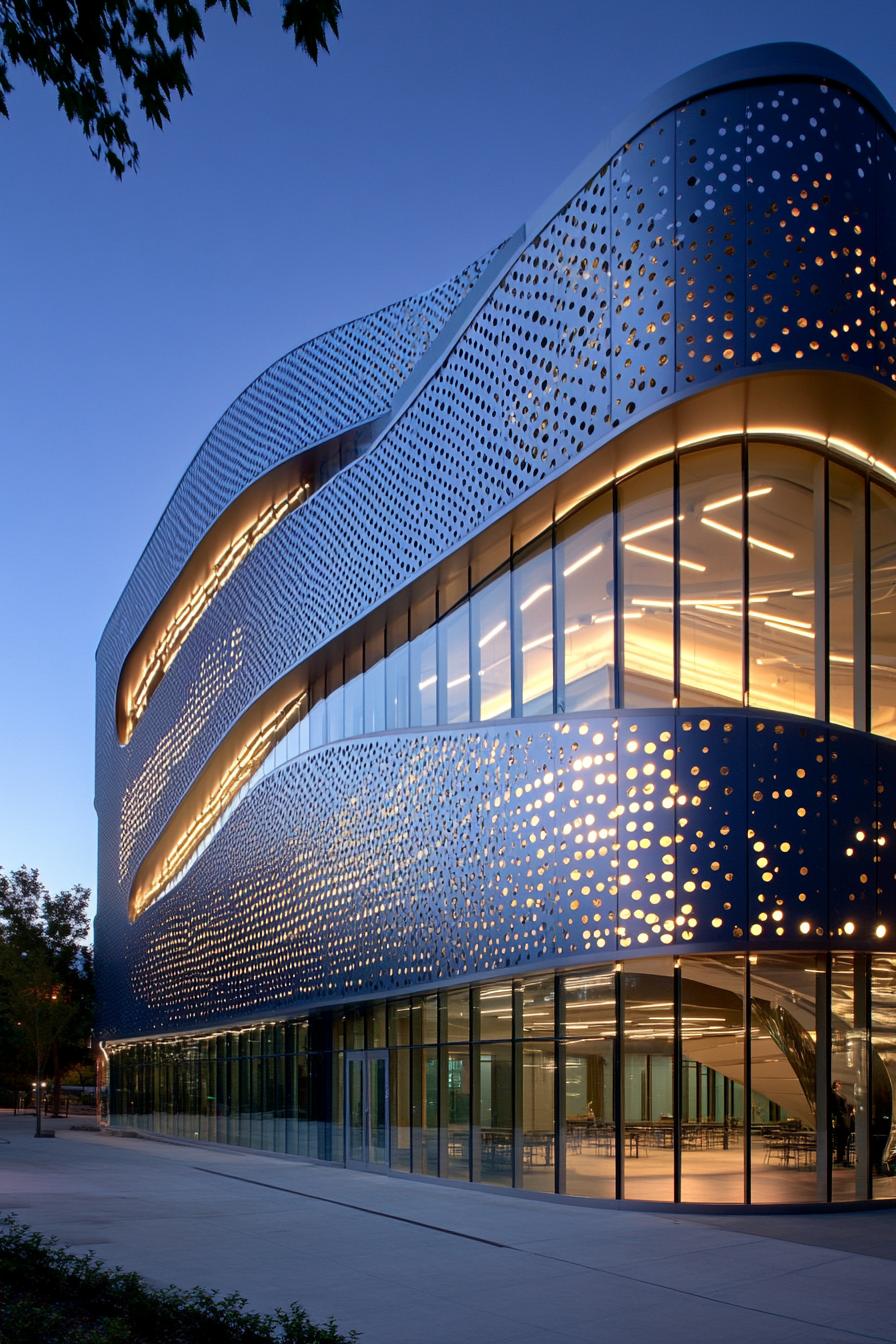 Curved building with perforated façade illuminated at dusk