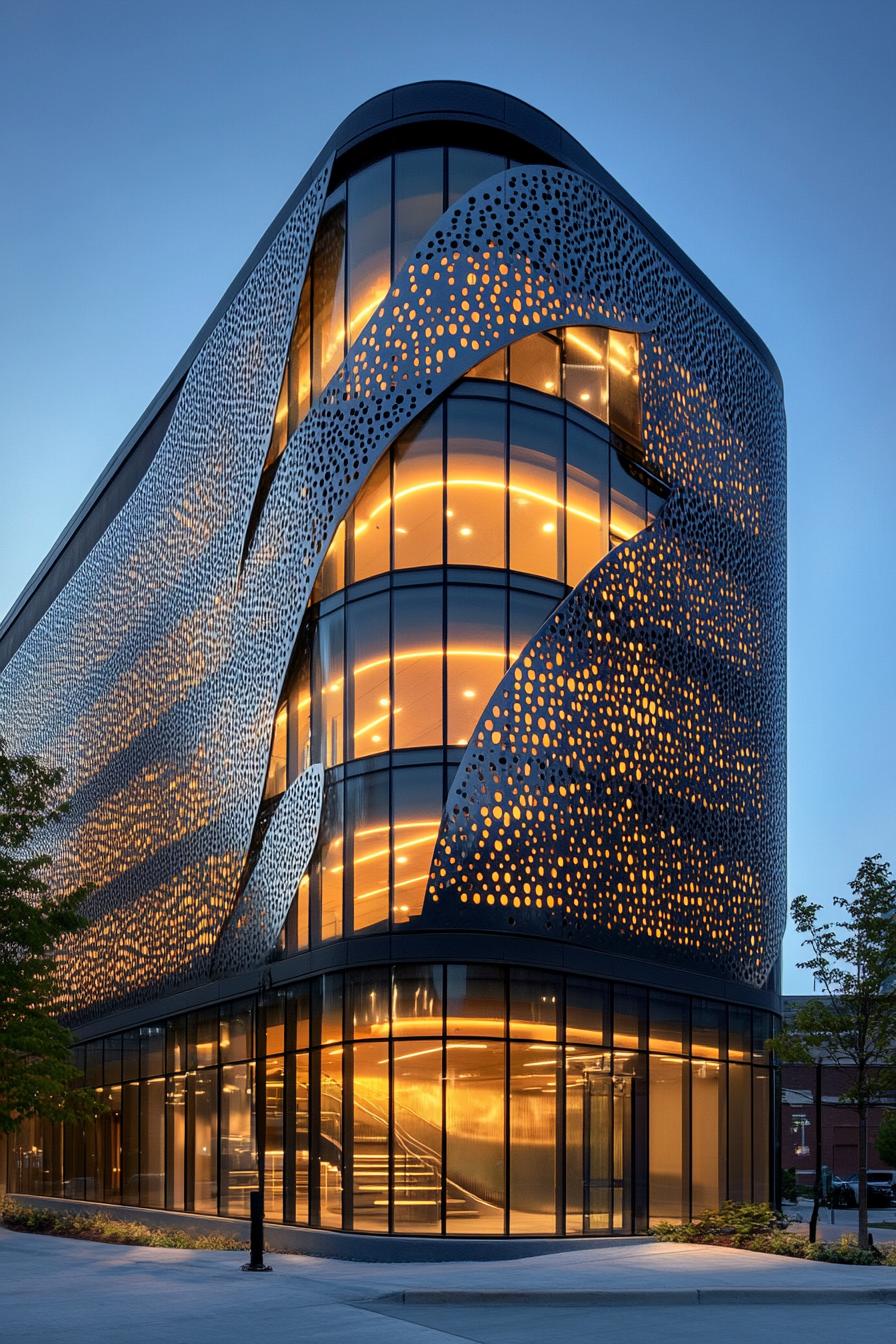 Modern building with illuminated, perforated façade at dusk