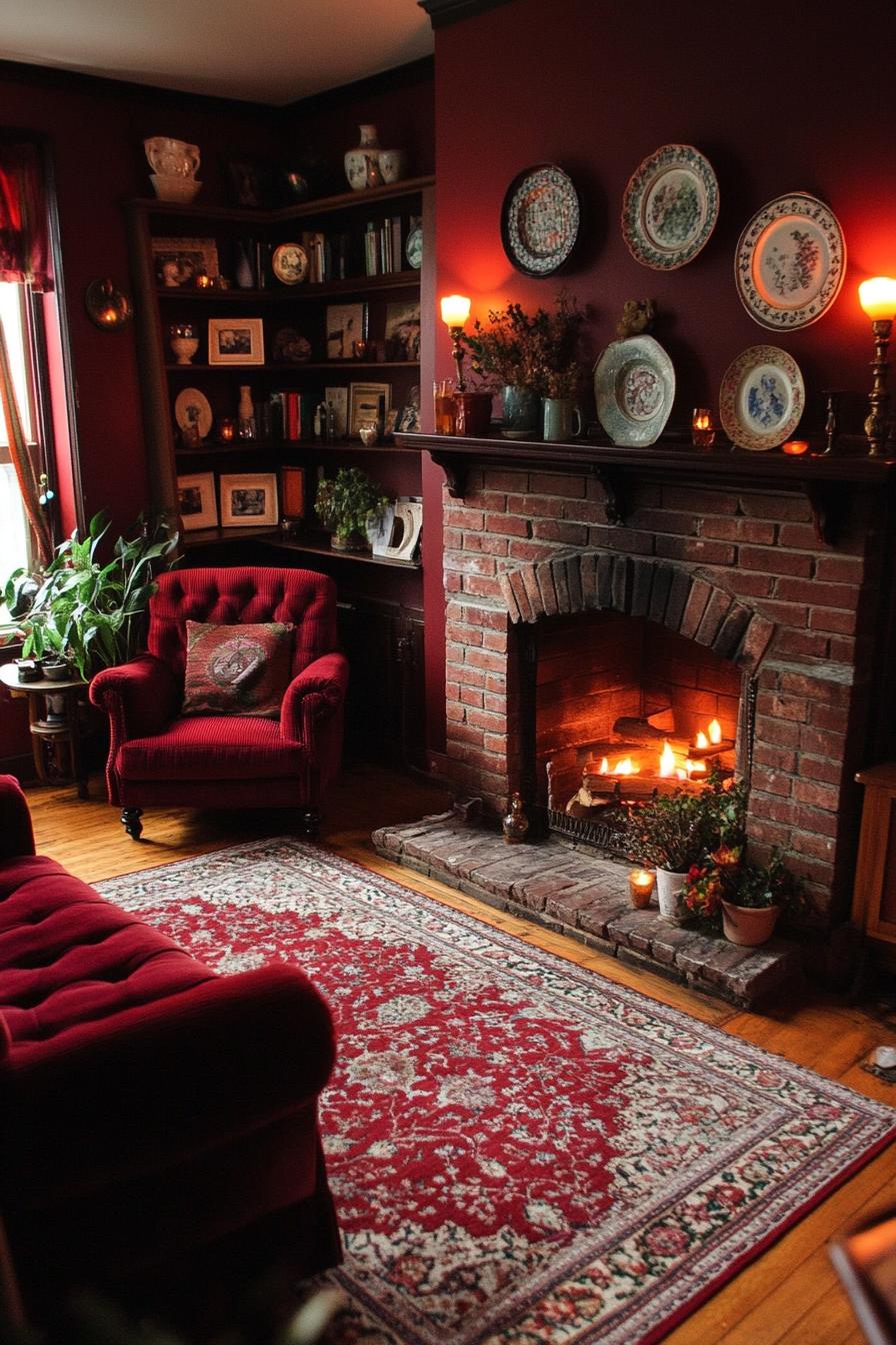 Vintage-style living room with a brick fireplace and dark red decor