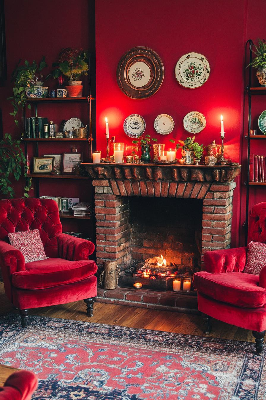 Cozy room with red velvet chairs and a brick fireplace