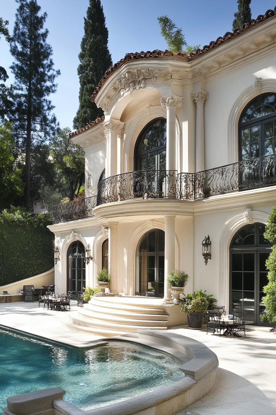 Elegant villa with ornate balcony overlooking a pool