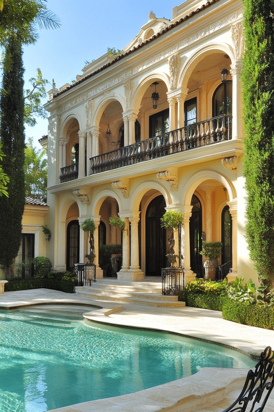 Elegant mansion with arched balconies and pool