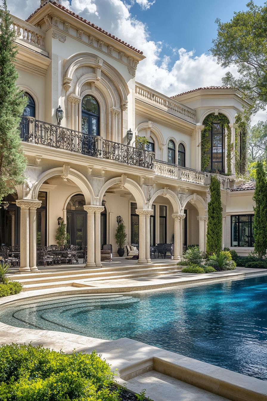 Elegant mansion with grand arches and a pool