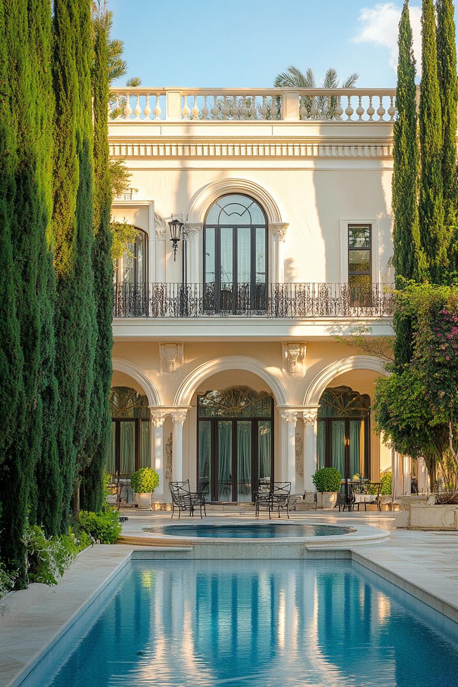 Opulent mansion with tall arched windows and lush trees by a pool