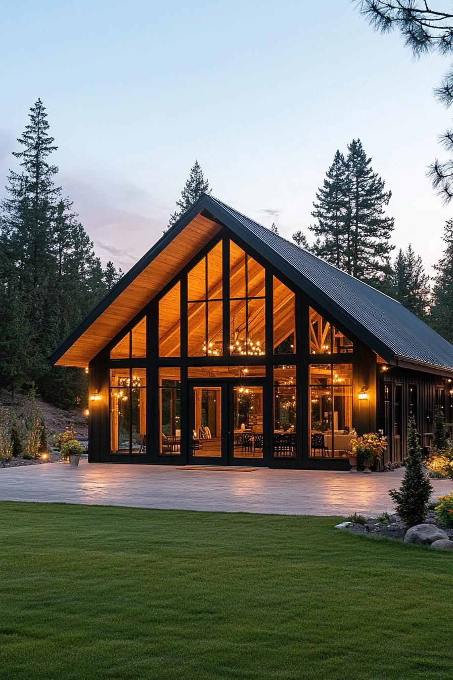 Cozy A-frame house with warm lighting