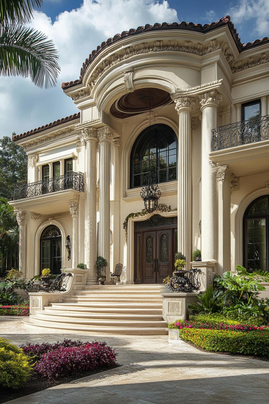 Luxurious mansion facade with grand columns