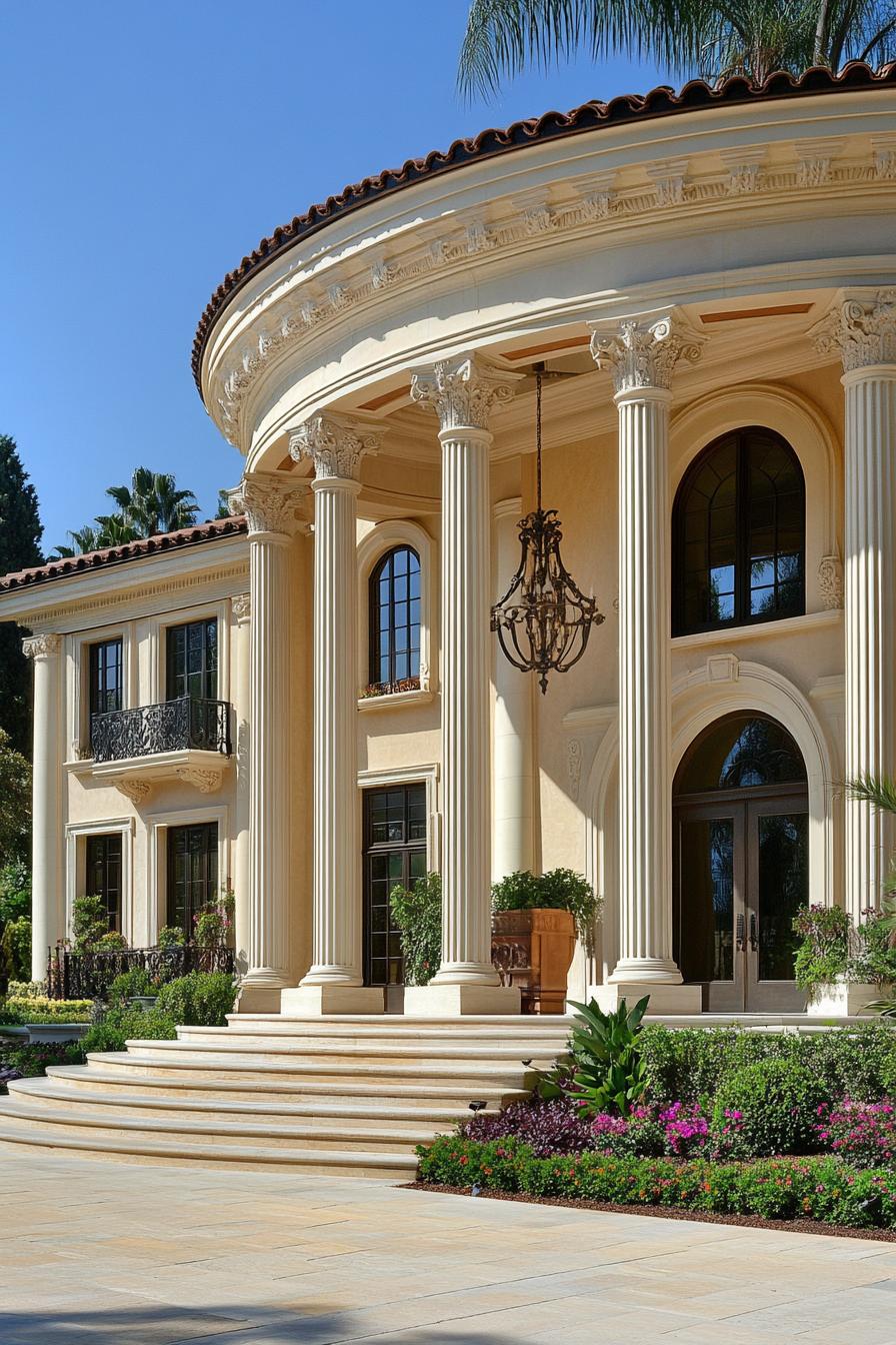 Elegant mansion entrance flanked by tall columns