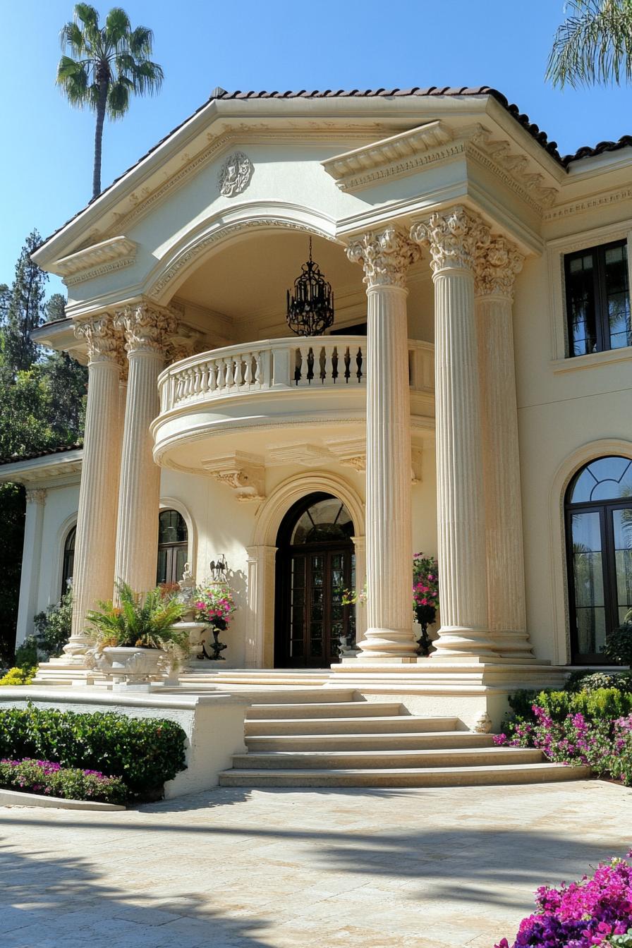 Majestic mansion with grand pillars and manicured gardens