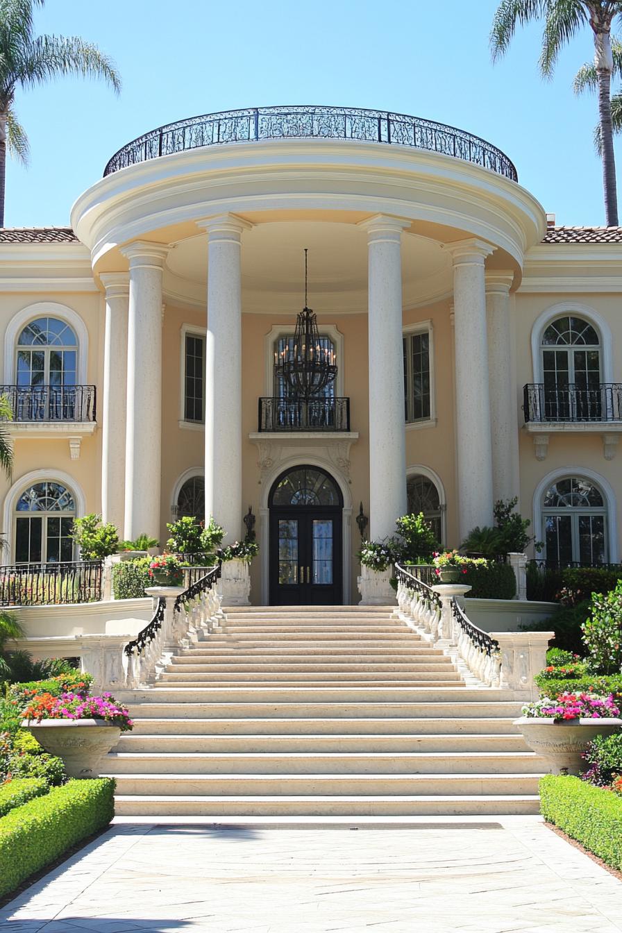 Large mansion entrance with grand staircase and columns