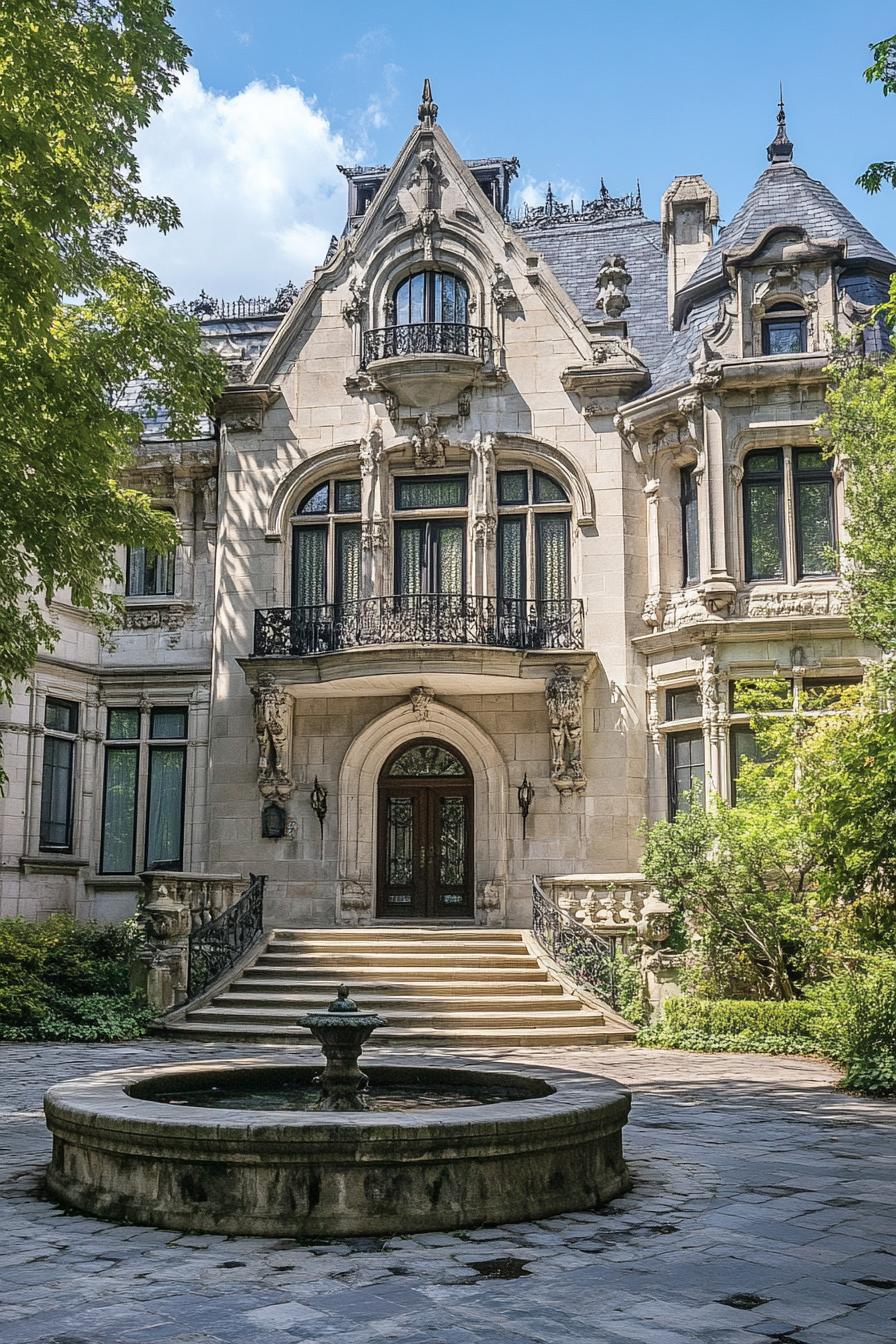 Ornate stone mansion with statue adornments and a central fountain