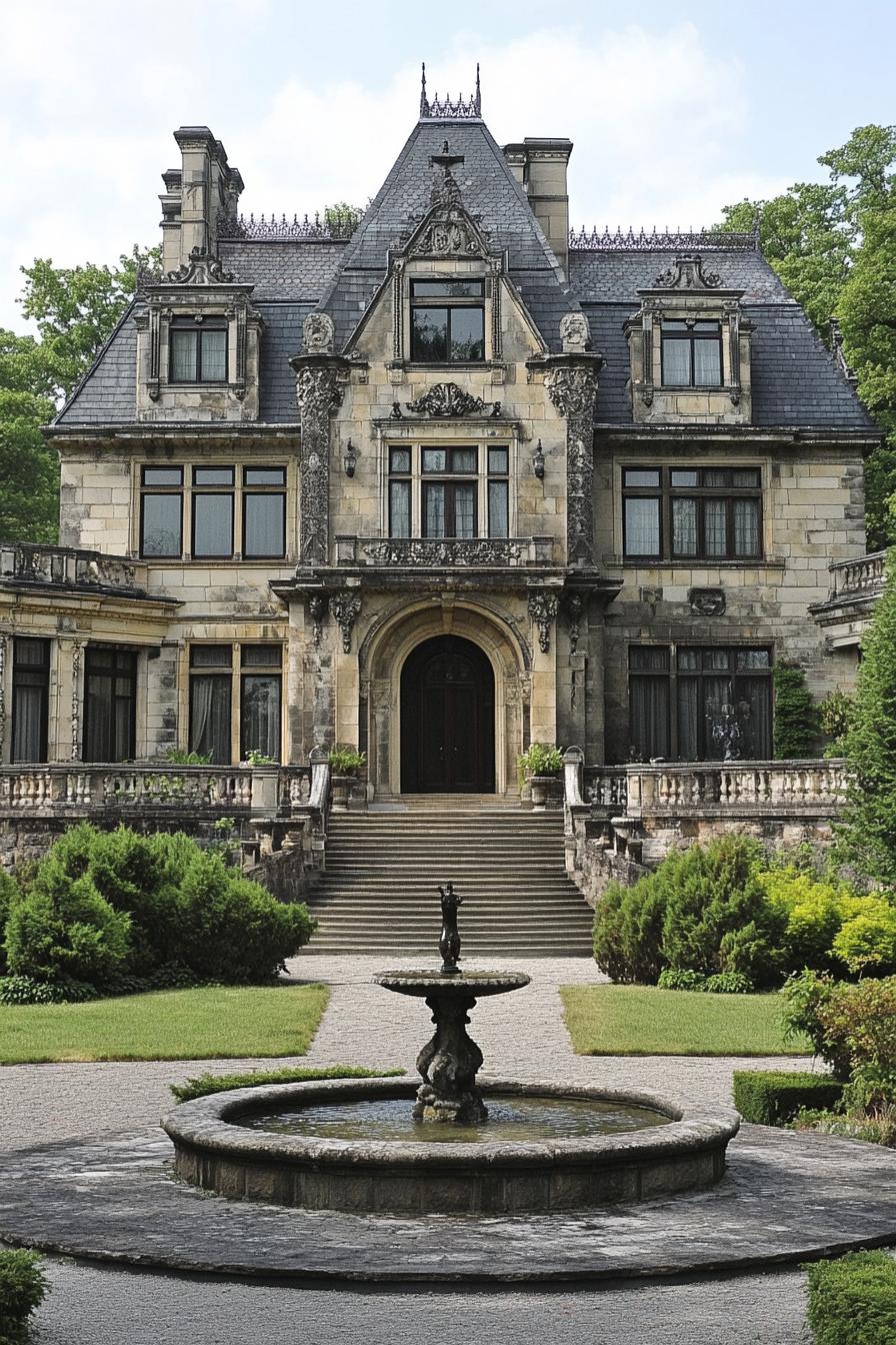 Stone mansion with ornate details and lush gardens