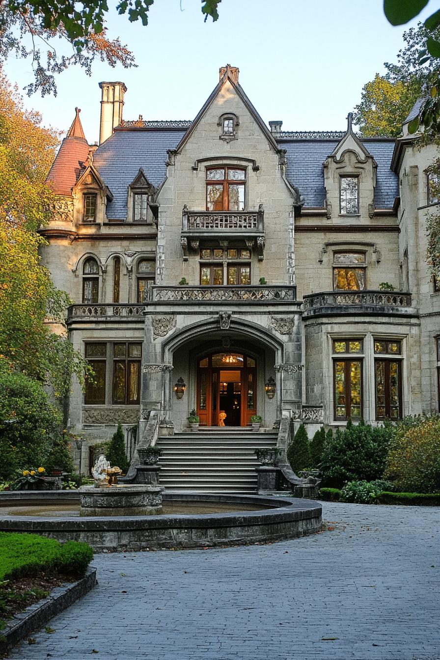 Grand stone mansion with a tower