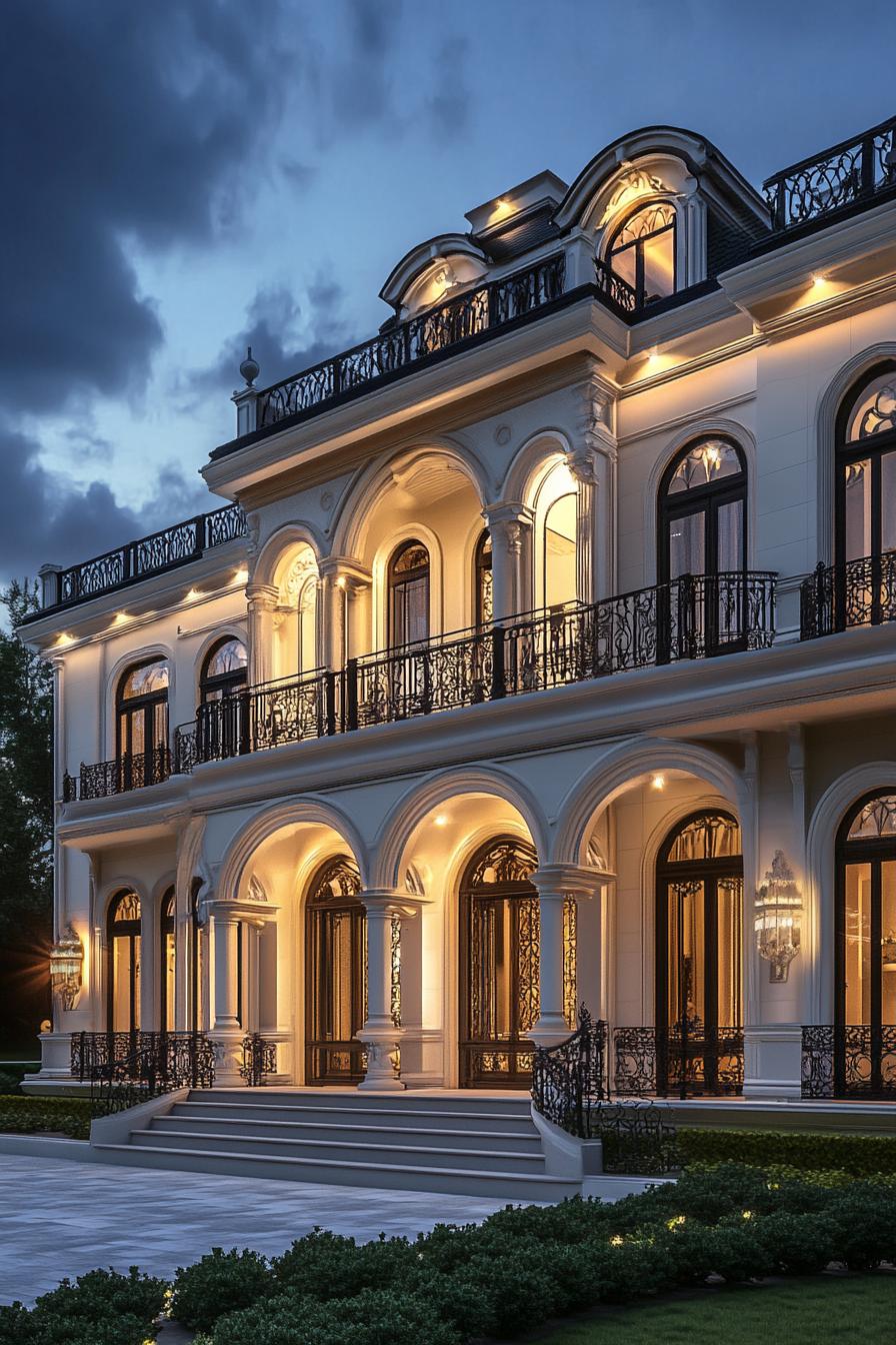 Elegant mansion with arches and evening lights